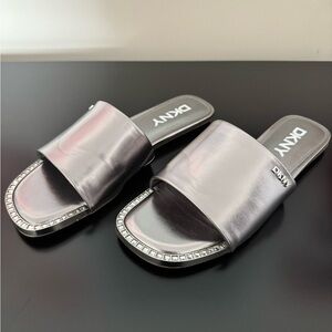 DKNY by Donna Karen Metallic Silver And Rhinestone Slide On Sandals Size 8